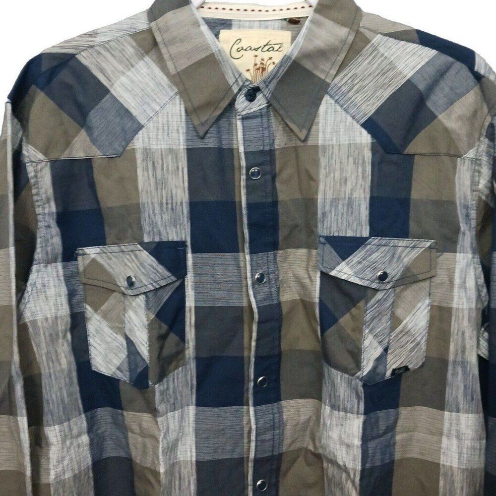 Coastal Pearl Snap Shirt Mens XL Blue Gray Plaid Pockets Western Cowboy Work New